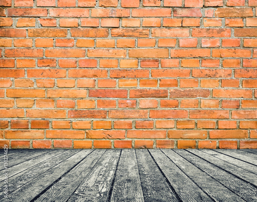 Brick wall interior and wooden floor interior