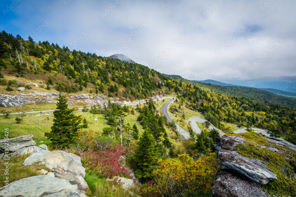 View of the Blue Ridge Mountains and road to Grandfather Mountai
