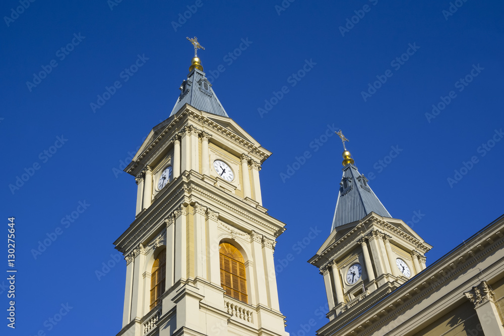Cathedral of the Divine Saviour, Ostrava, Czech Republic / Czechia,Central Europe -  renovated sacral building. Detail of bell tower. Building is made in neo-renaissance style