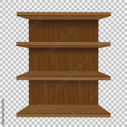 Empty shelves on the wooden wall, illuminated with reflector light on checkered background, vector illustration
