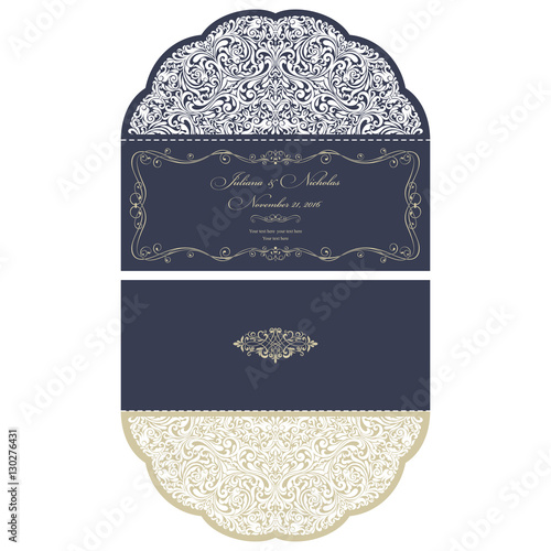 Wedding Invitation Baroque. Template for laser cutting. Open card. The front and rear side. It can be used as an envelope.