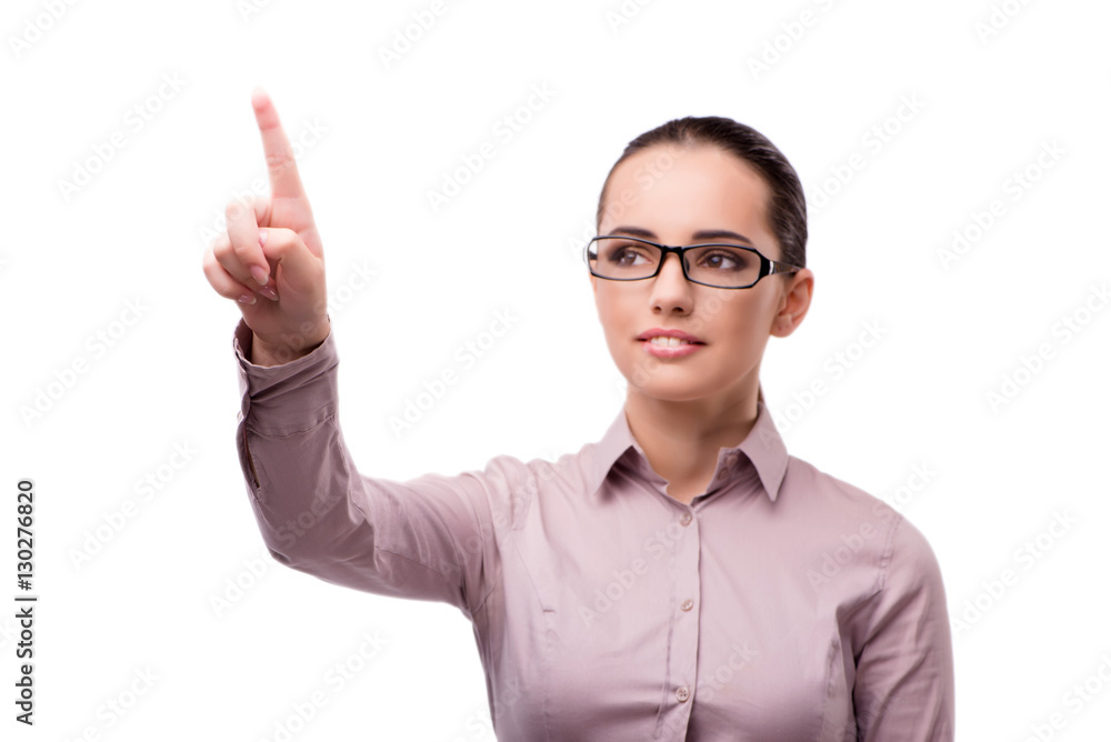 Businesswoman pressing virtual button isolated on white Businesswoman pressing virtual button isolated on white