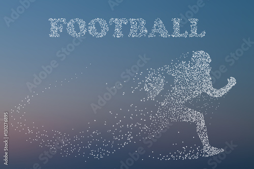 Silhouette of a football player. Rugby. American football, particle divergent composition, pixel art design, vector illustration