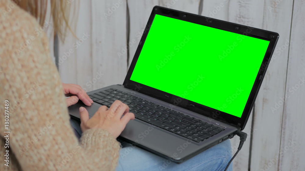 Woman using laptop with green screen. Business, communication, freelance and internet concept Woman using laptop with green screen. Business, communication, freelance and internet concept