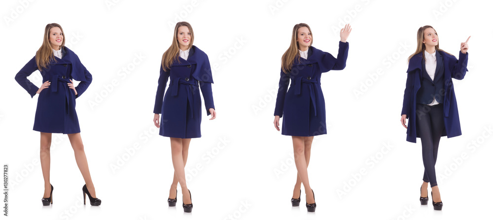 Fototapeta premium Woman pressing virtual button isolated on white