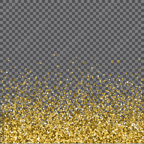 Gold glitter background. Gold sparkles on chechered background. Creative invitation for party, holiday, wedding, birthday. Vector illustration.