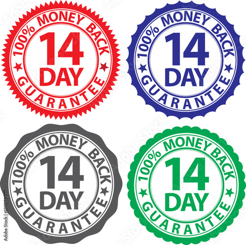 14 day 100% money back guarantee sign set, vector illustration
