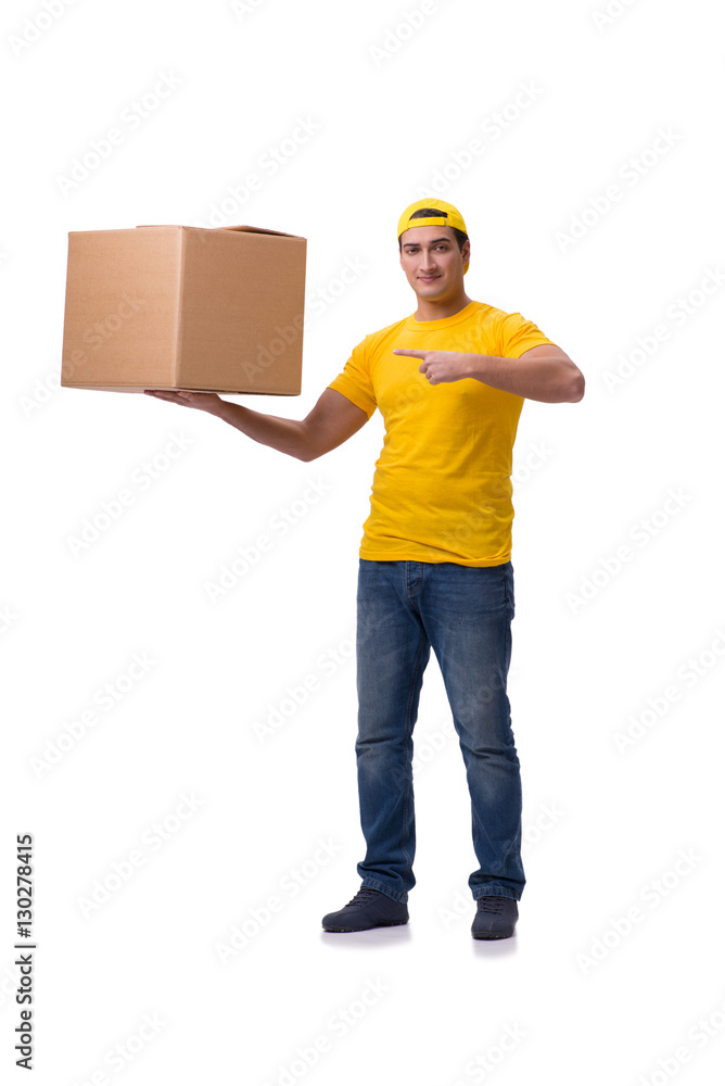 Funny delivery boy with box isolated on white Funny delivery boy with box isolated on white