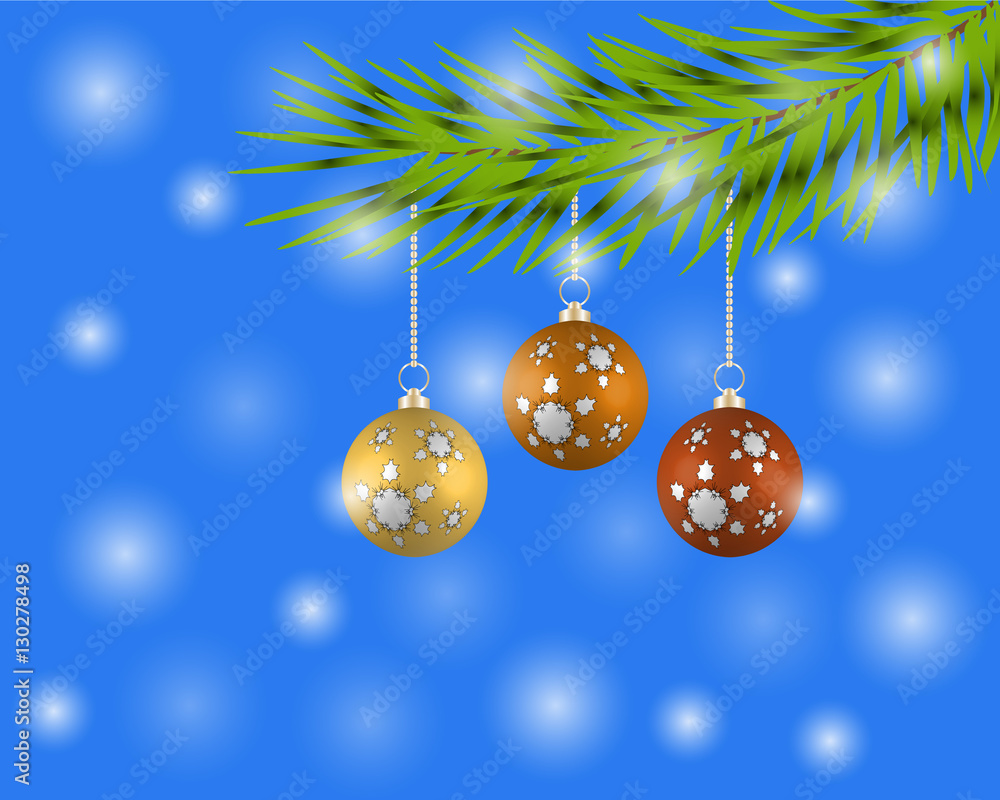 Christmas tree with colorful balls on a blue background.