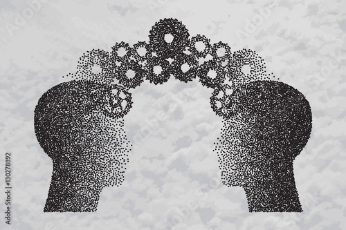 Concept of Brain storming, Knowledge sharing between to people head, this was shown through cogwheels transferring from one human brain to other. Particle divergent composition.