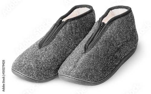 One pair comfortable dark gray slippers with fur