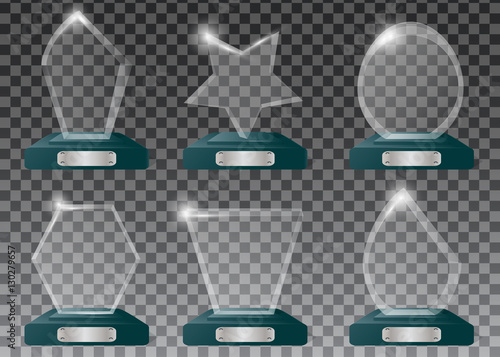 Glass trophy awards vector set. The transparent trophy for award.