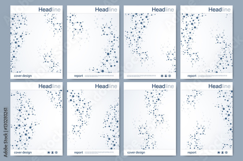 Scientific brochure design template. Vector flyer layout, Molecular structure with connected lines and dots. Scientific pattern atom DNA with elements for magazine, leaflet, cover, poster design.
