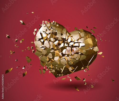 Broken golden polygonal heart on red BG