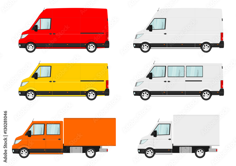 Set of cartoon van. Side view. Flat vector. Stock Vector | Adobe Stock