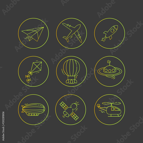Vector outline icon set of aircraft.