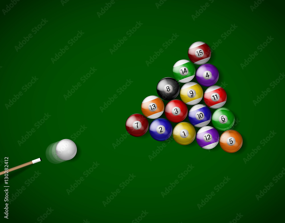 Billiard balls on green cloth, billiard green table. Vector illu Billiard balls on green cloth, billiard green table. Vector illu
