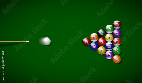 Billiard balls on green cloth, billiard green table. Vector illu