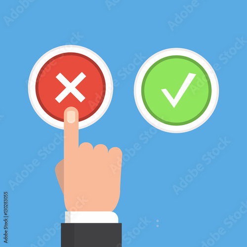 Hand, finger pressing buttons no or yes. Vector illustration.