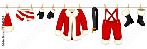 Vector illustration of all of Santa's clothes hanging on a clothesline. Illustration can be joined seamlessly end to end to make a longer line.