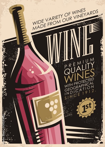Wine retro poster design with red wine bottle on old paper background