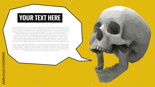 Low poly skull with balloon for text on yellow BG