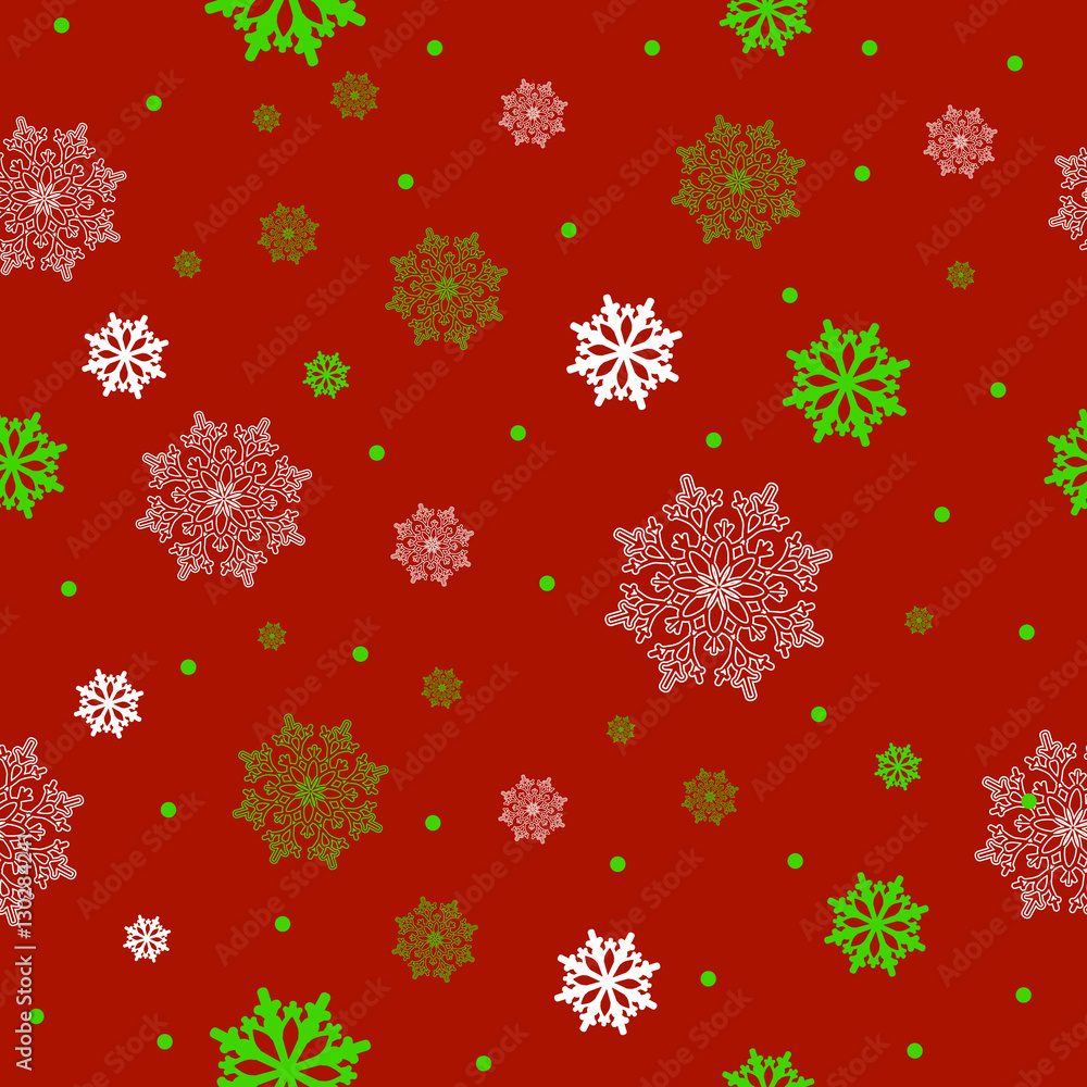 Christmas seamless pattern with white and green snowflakes. Vector illustration.