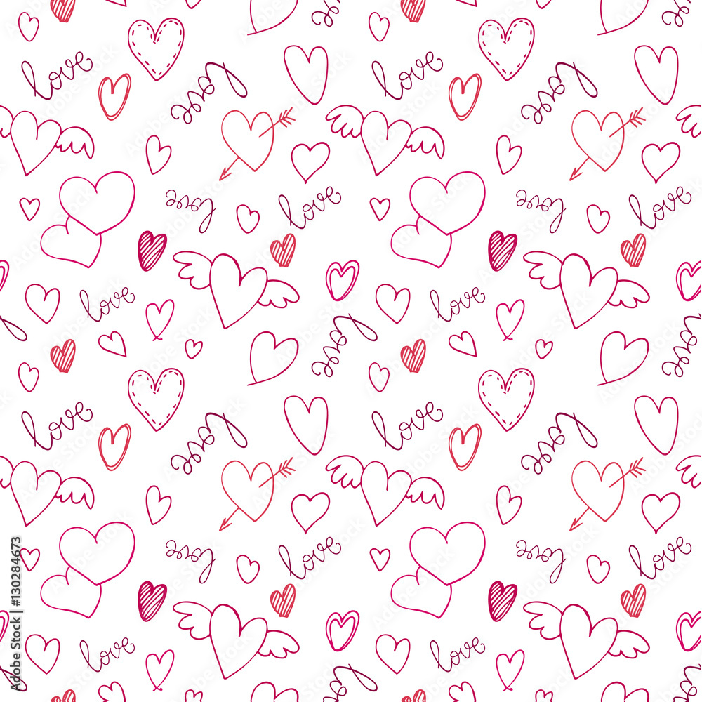 Romantic seamless pattern with hearts and handwritten lettering for your design.