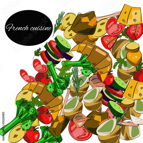French cuisine top view frame. Food menu design. Vector drawn sketch illustration.