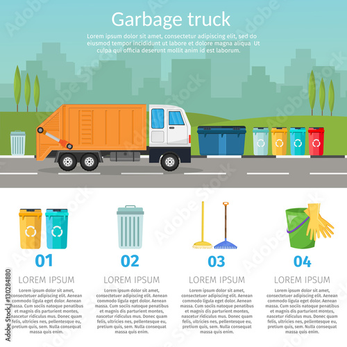 Garbage truck sorting bins recycling concept ship the trash Ecology city background