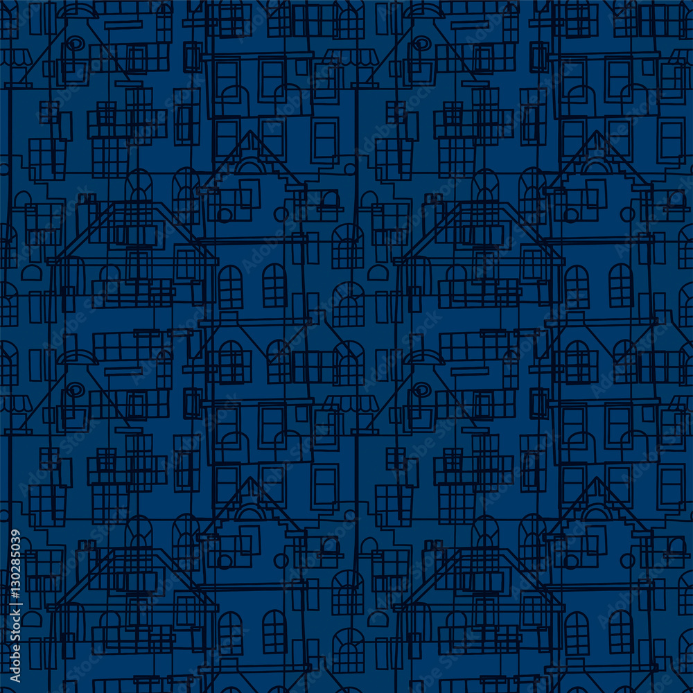 Seamless pattern with houses in black and blue colors