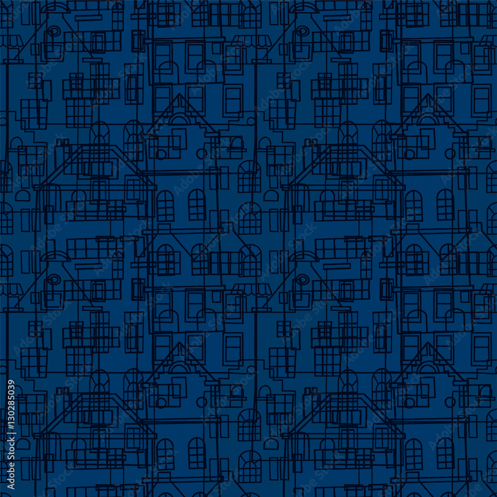 Seamless pattern with houses in black and blue colors Seamless pattern with houses in black and blue colors