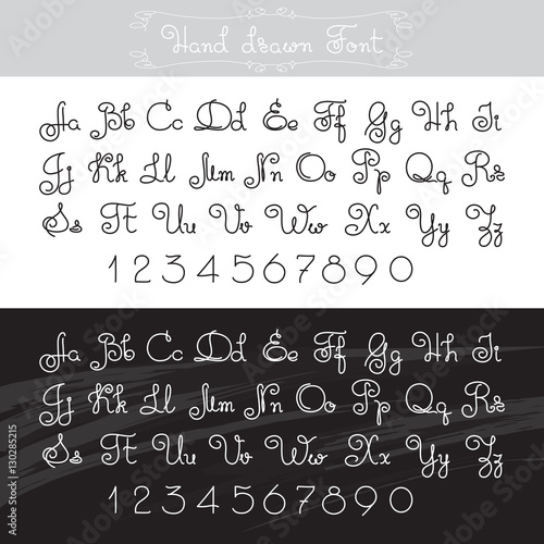 Vector hand drawn  alphabet. Lines font design. Letters, numbers