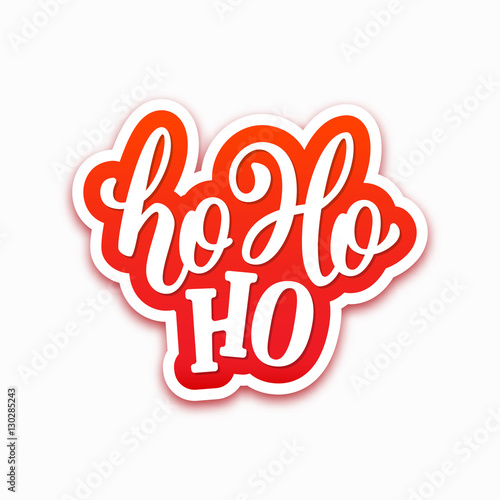 Ho-ho-ho text on paper label with hand lettering over white background. Vector sticker design for Christmas and New Year decoration