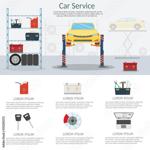 Center Mechanical car service with repair of Check Up vehicles Flat horizontal banners wheel machine vector illustration