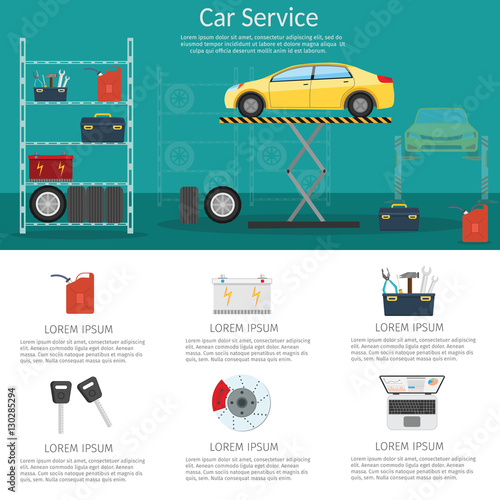 Center Mechanical car service with repair of Check Up vehicles Flat horizontal banners wheel machine vector illustration