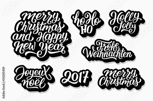 Merry Christmas and Happy New Year 2017 vector labels set with english, french and german greetings text. Holly jolly, Ho-ho-ho, Joyeux Noel and Frohe Weihnachten hand lettering on stickers