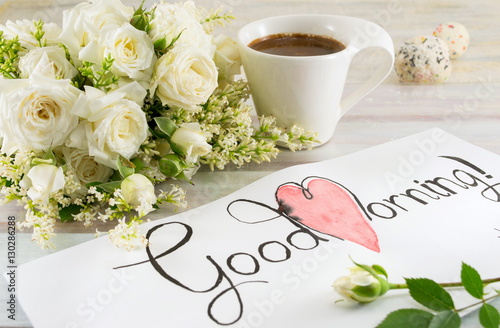 Fototapet white roses, coffee and good morning note