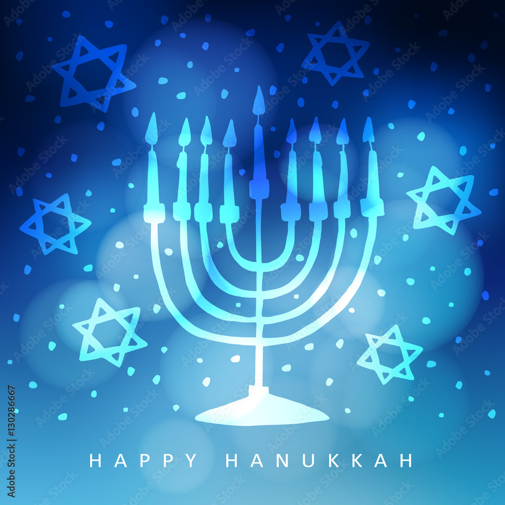 Hanukkah greeting card, invitation with hand drawn menorah, candelabra and jewish stars. Modern blurred vector illustration background. Jewish festival of light. Hanukkah greeting card, invitation with hand drawn menorah, candelabra and jewish stars. Modern blurred vector illustration background. Jewish festival of light.