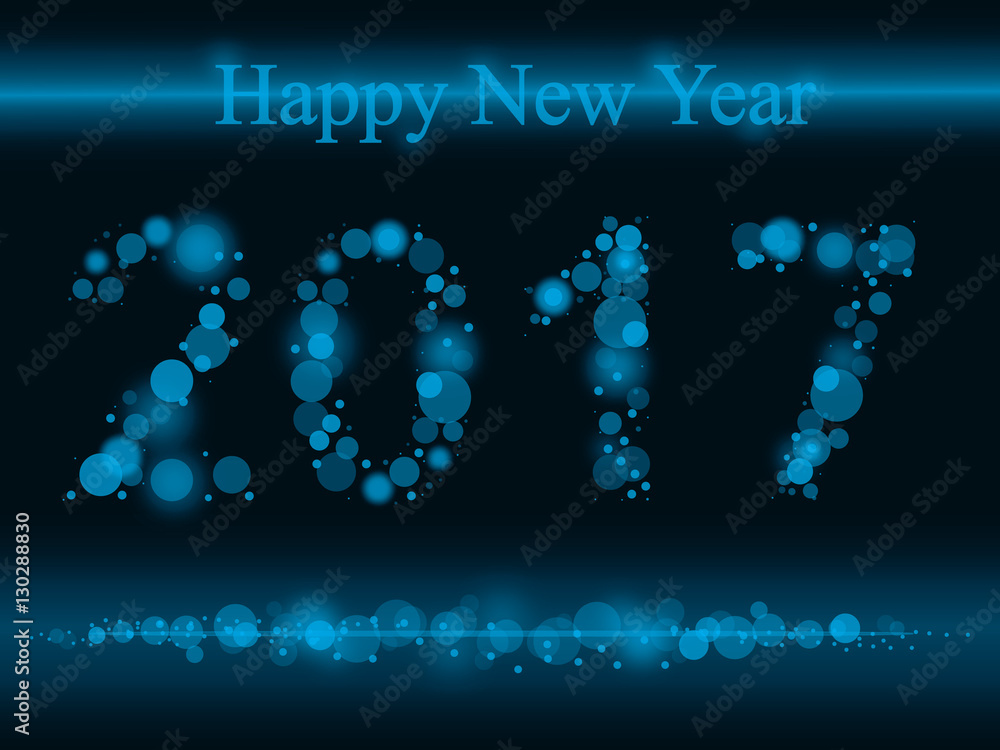 Year 2017 with editable digital led lighting circles and blue bokeh background.