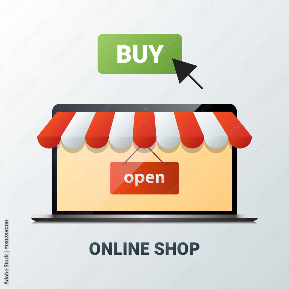 Vector illustration of laptop with online shop. Internet shopping. Mobile marketing and online shopping