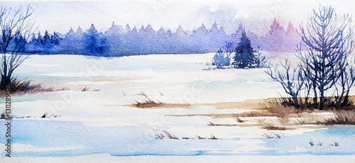 Obraz na płótnie Zimowy krajobraz. Akwarela ilustracja.