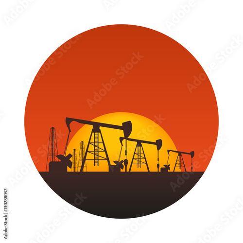 Vector illustration of oil rigs at sunset. Background with place for your text
