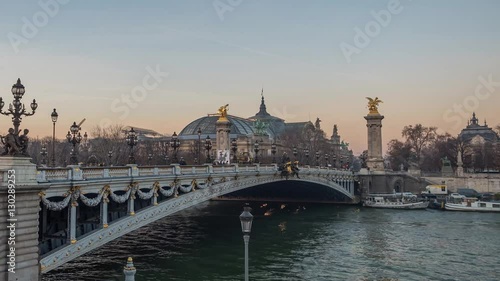 side view timelapse of Bridge of Alexandre III over river Seine at summer day, France