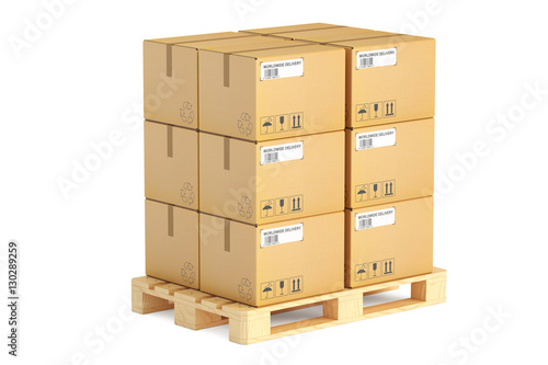 Bilde på lerret Wooden pallet with parcels. Shipping and logistics concept, 3D r