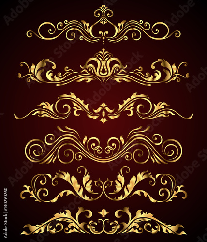 Golden vintage elements and borders set for ornate decoration. Floral swirl design spa royal logo