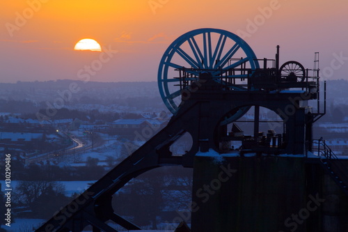 Former colliery headstocks at dawn, Pleasley, Derbyshire  photo