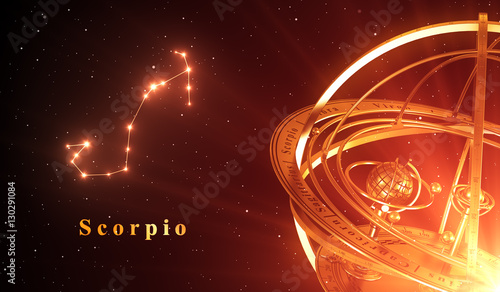 Zodiac Constellation Scorpio And Armillary Sphere Over Red Background
