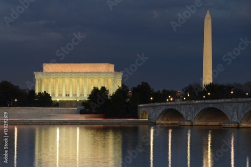 Lincoln Memorial and Washington Monument at night. A night view from riverside of the Potomac River - Washington DC, United States