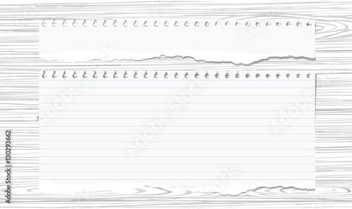 Set of pieces ripped white notebook paper are sticked on dark wooden wall or desk